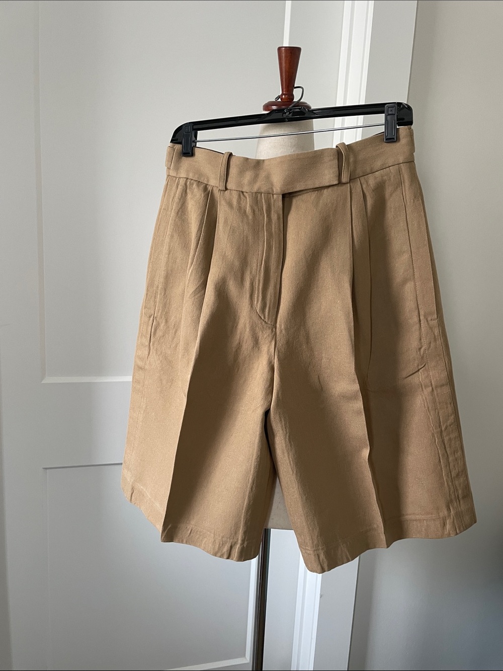 Proenza Schouler Tan High-Waist Pleated Bermuda Shorts